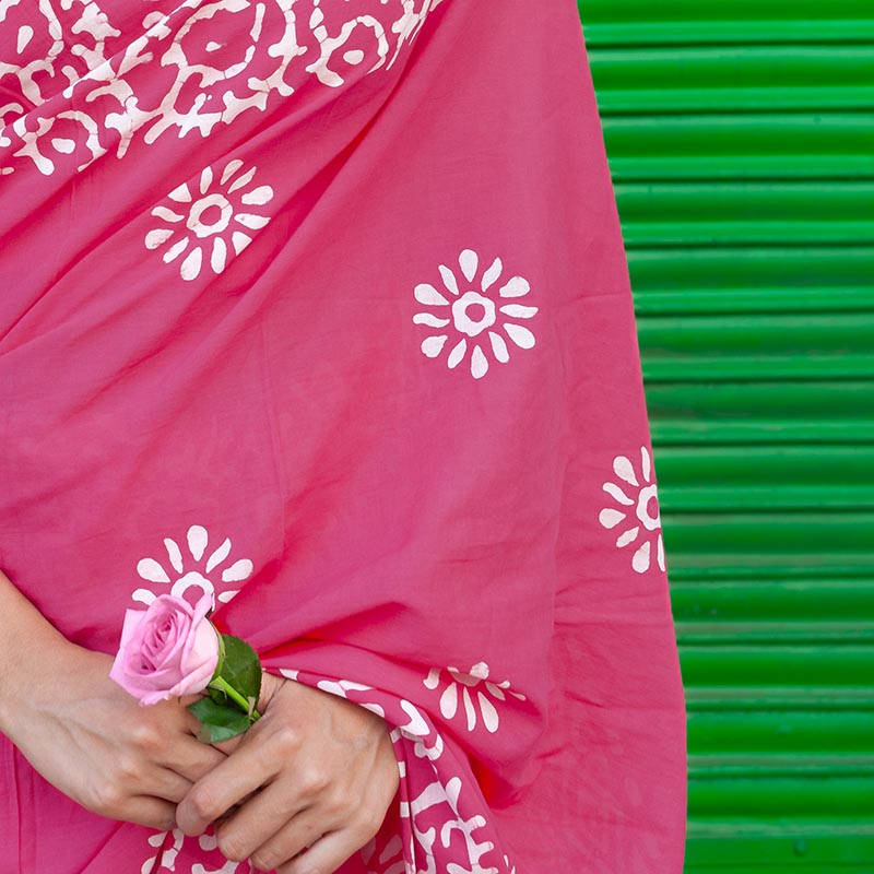 Mohini Hand Block Print Pink Mul Mul Cotton Saree