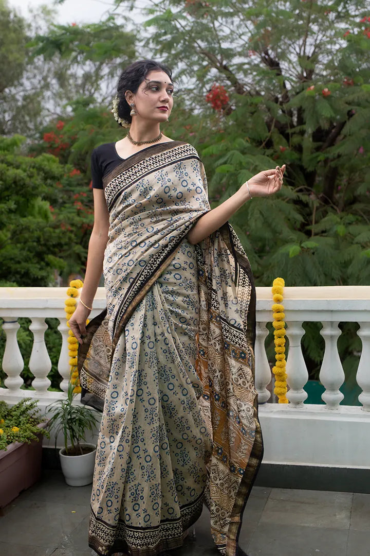 Morning Bliss - Hand Block Print Maheshwari Silk Bagru Saree