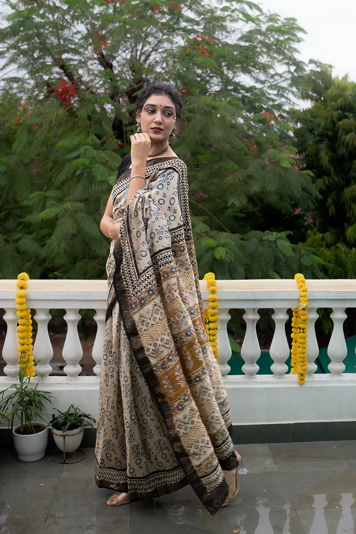 Morning Bliss - Hand Block Print Maheshwari Silk Bagru Saree