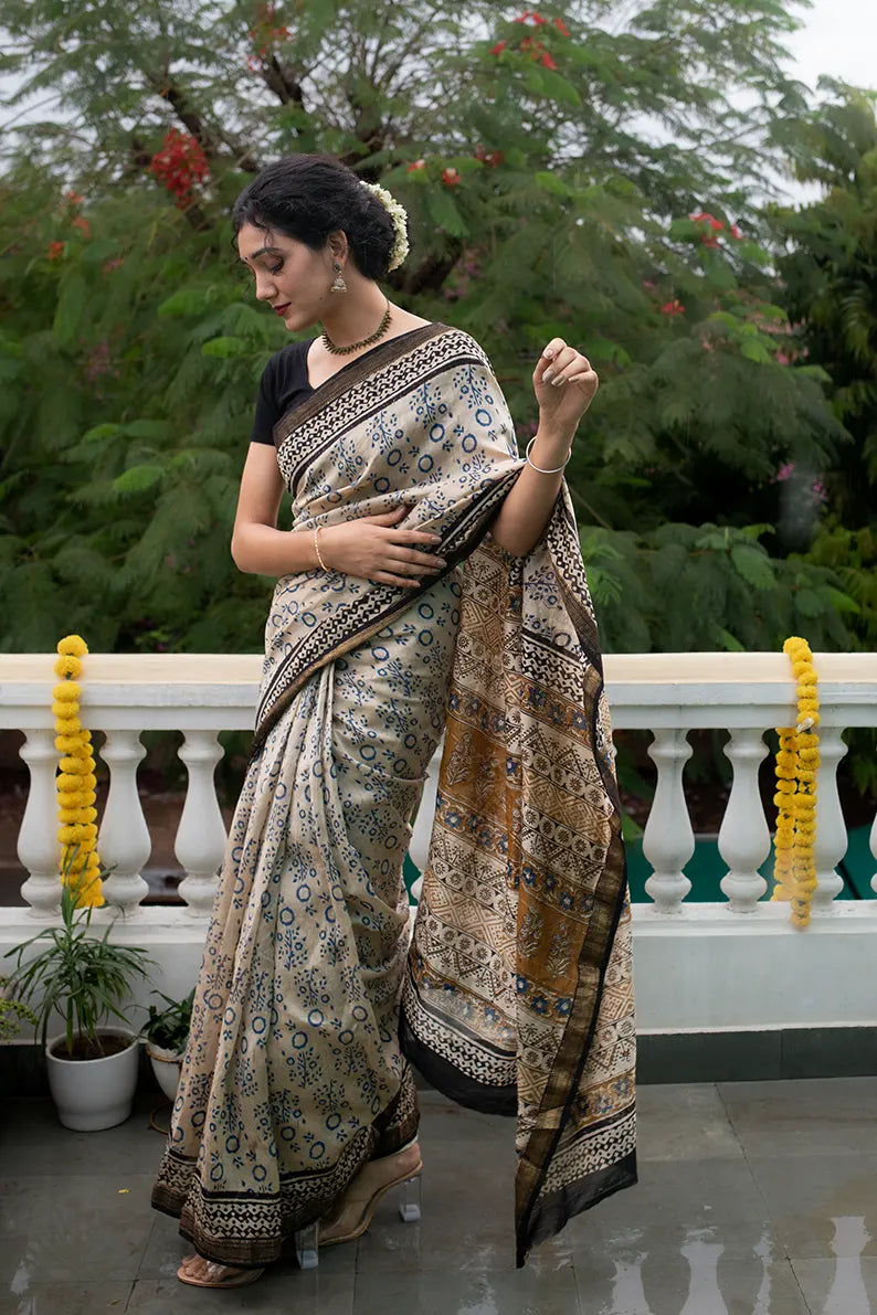 Morning Bliss - Hand Block Print Maheshwari Silk Bagru Saree