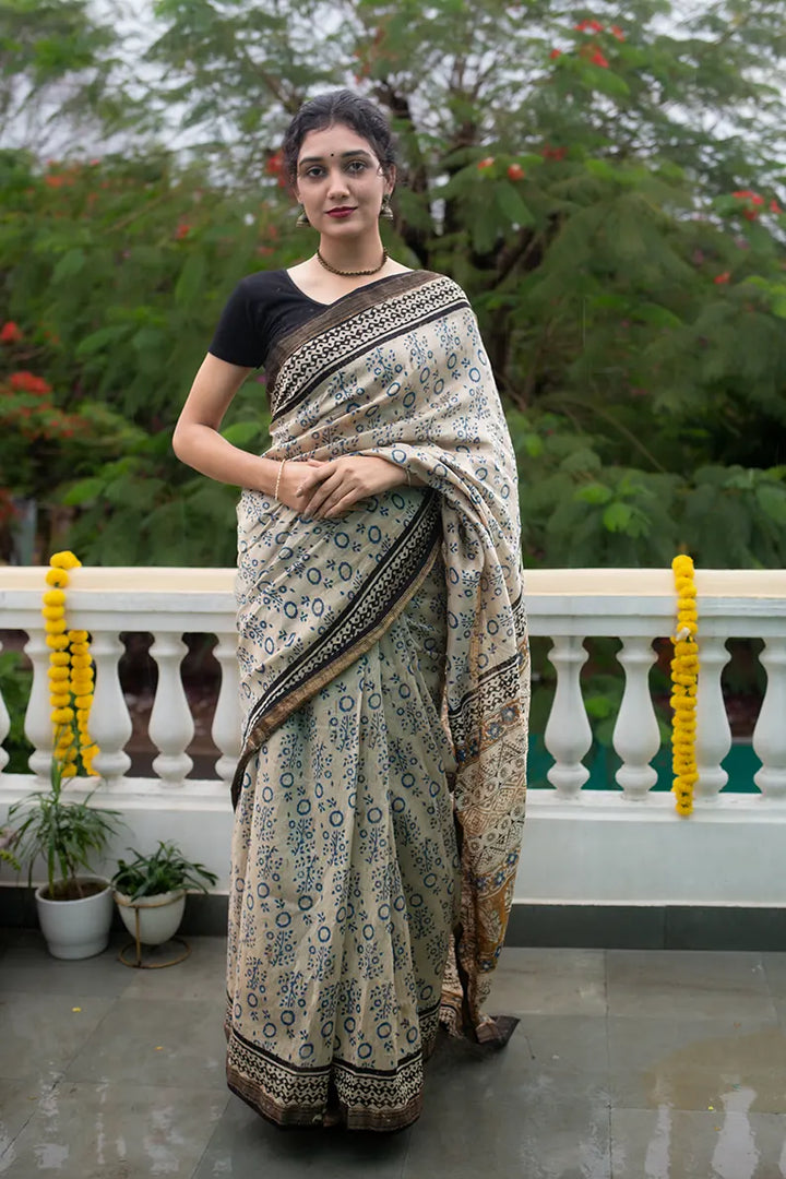 Morning Bliss - Hand Block Print Maheshwari Silk Bagru Saree