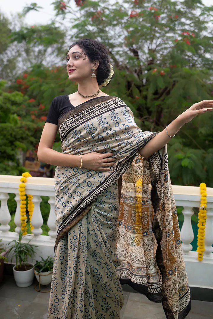 Morning Bliss - Hand Block Print Maheshwari Silk Bagru Saree