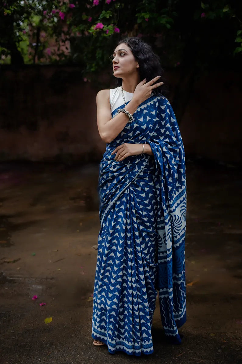 Blue Flake - Hand Block Print Mulmul Cotton Bagru Saree