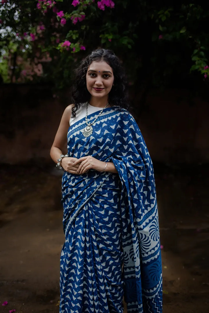 Blue Flake - Hand Block Print Mulmul Cotton Bagru Saree