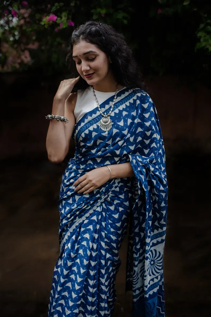 Blue Flake - Hand Block Print Mulmul Cotton Bagru Saree