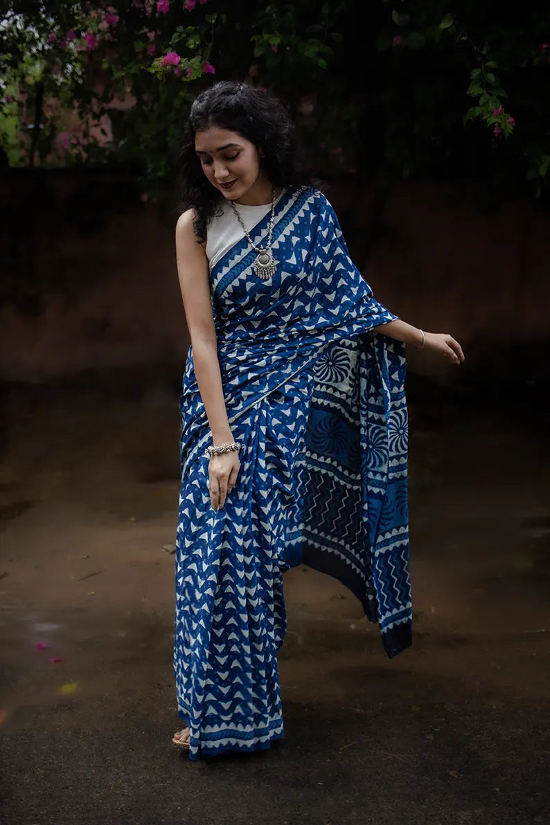 Blue Flake - Hand Block Print Mulmul Cotton Bagru Saree