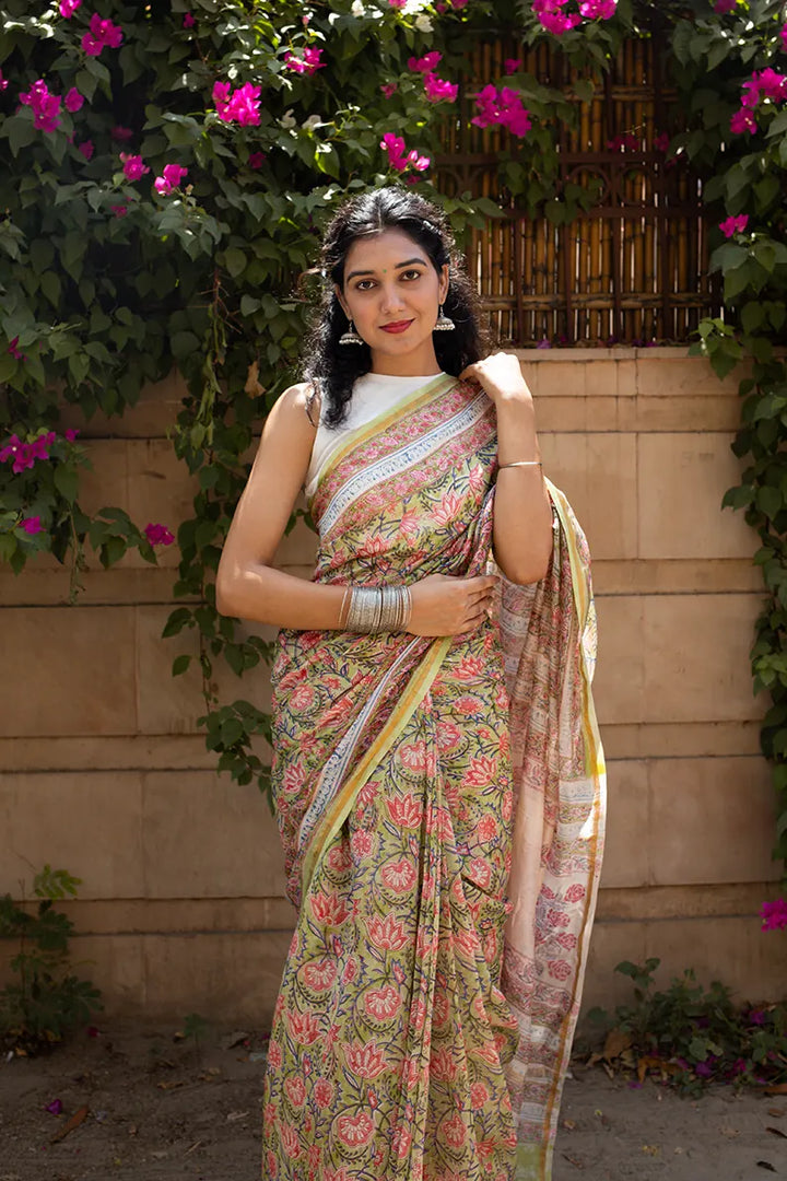 Tulip Garden - Light Green Hand Block Print Chanderi Silk Saree