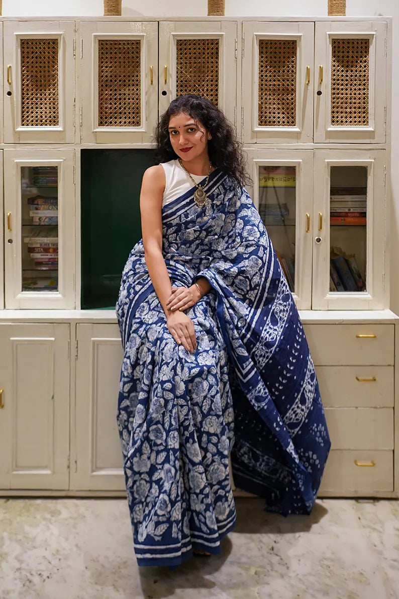 Indigo Hibiscus - Hand Block Print Mulmul Cotton Bagru Saree