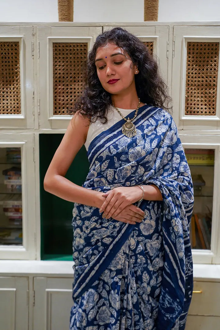 Indigo Hibiscus - Hand Block Print Mulmul Cotton Bagru Saree