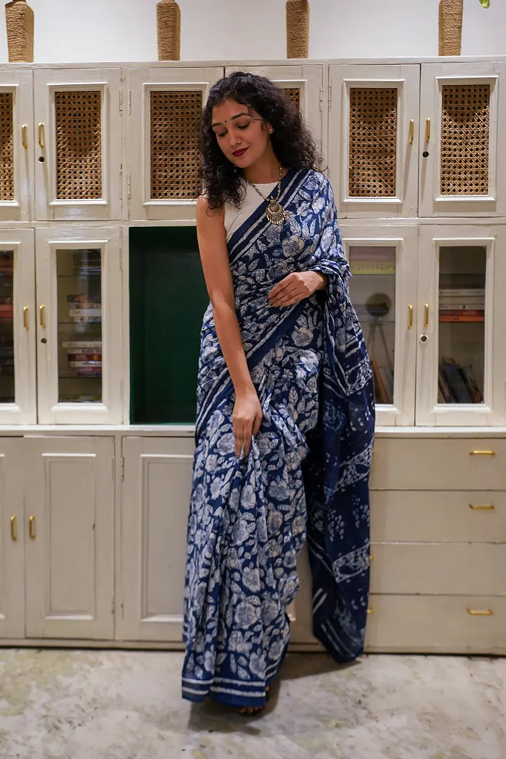 Indigo Hibiscus - Hand Block Print Mulmul Cotton Bagru Saree