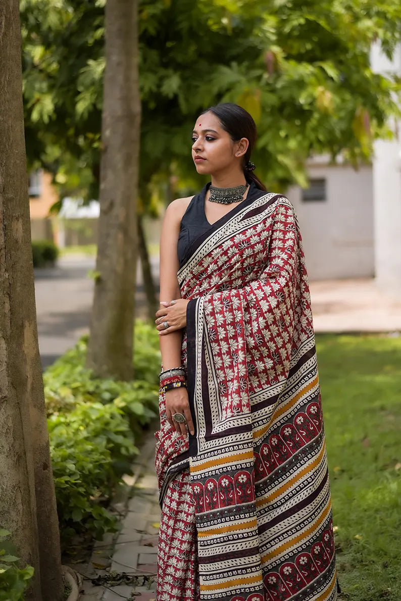 Terra Rouge - Hand Block Print Mulmul Cotton Bagru Saree