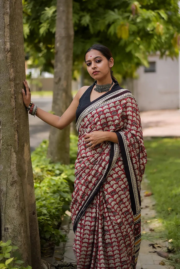 Terra Rouge - Hand Block Print Mulmul Cotton Bagru Saree