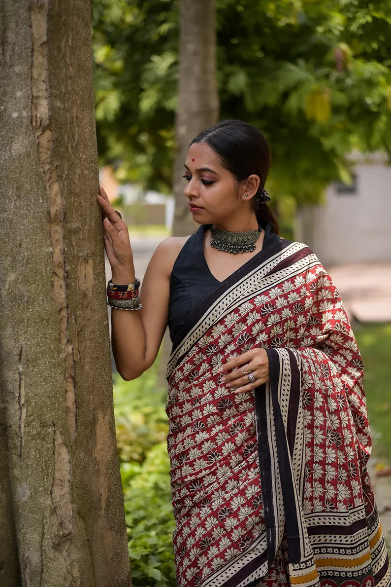 Terra Rouge - Hand Block Print Mulmul Cotton Bagru Saree