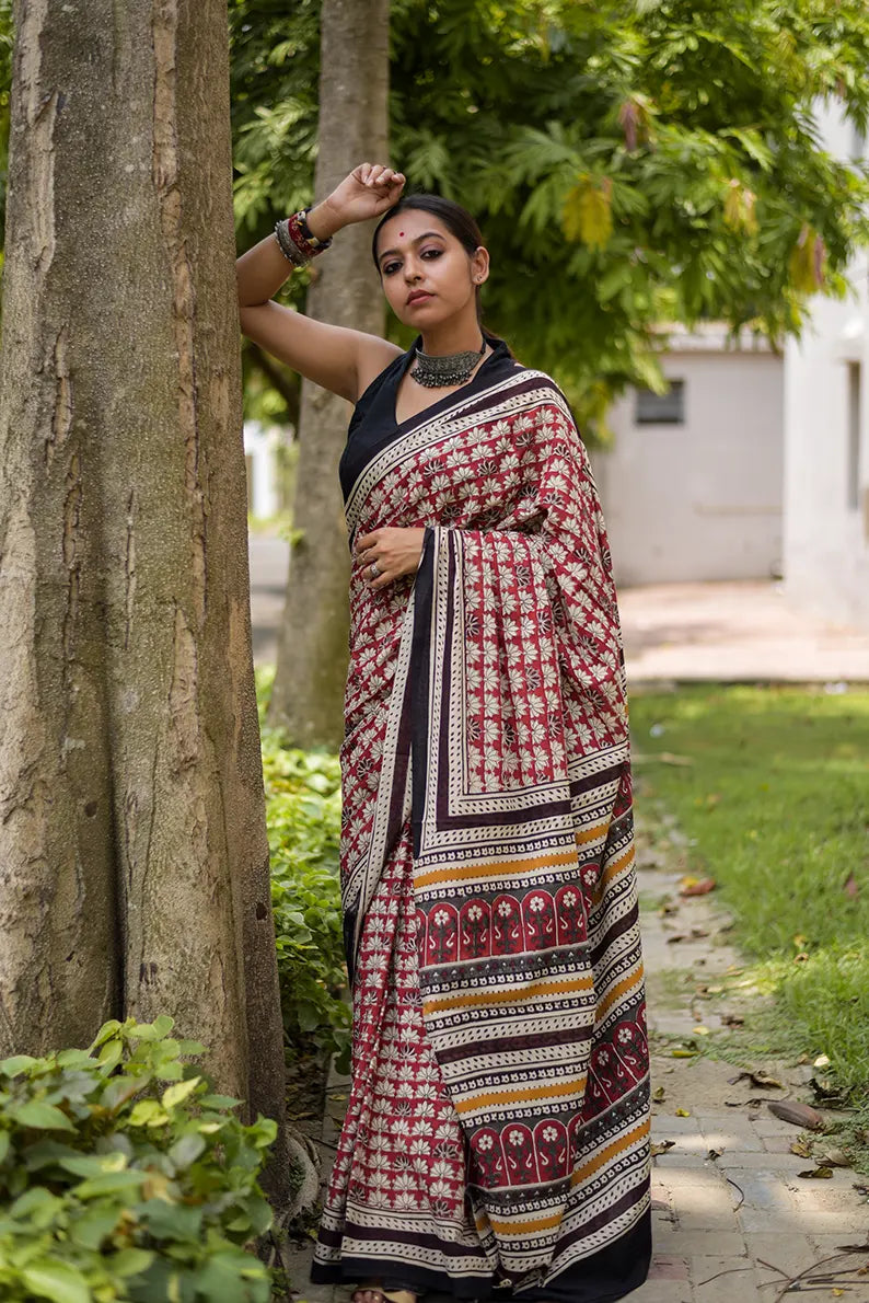 Terra Rouge - Hand Block Print Mulmul Cotton Bagru Saree