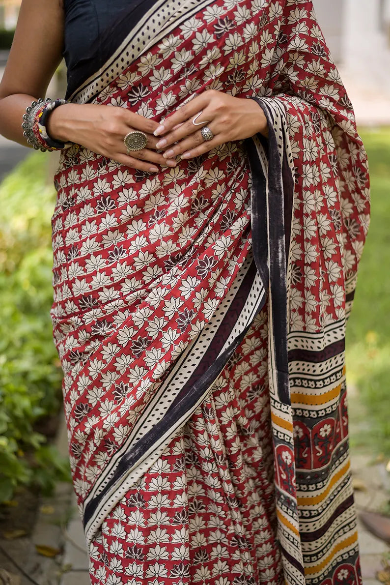 Terra Rouge - Hand Block Print Mulmul Cotton Bagru Saree