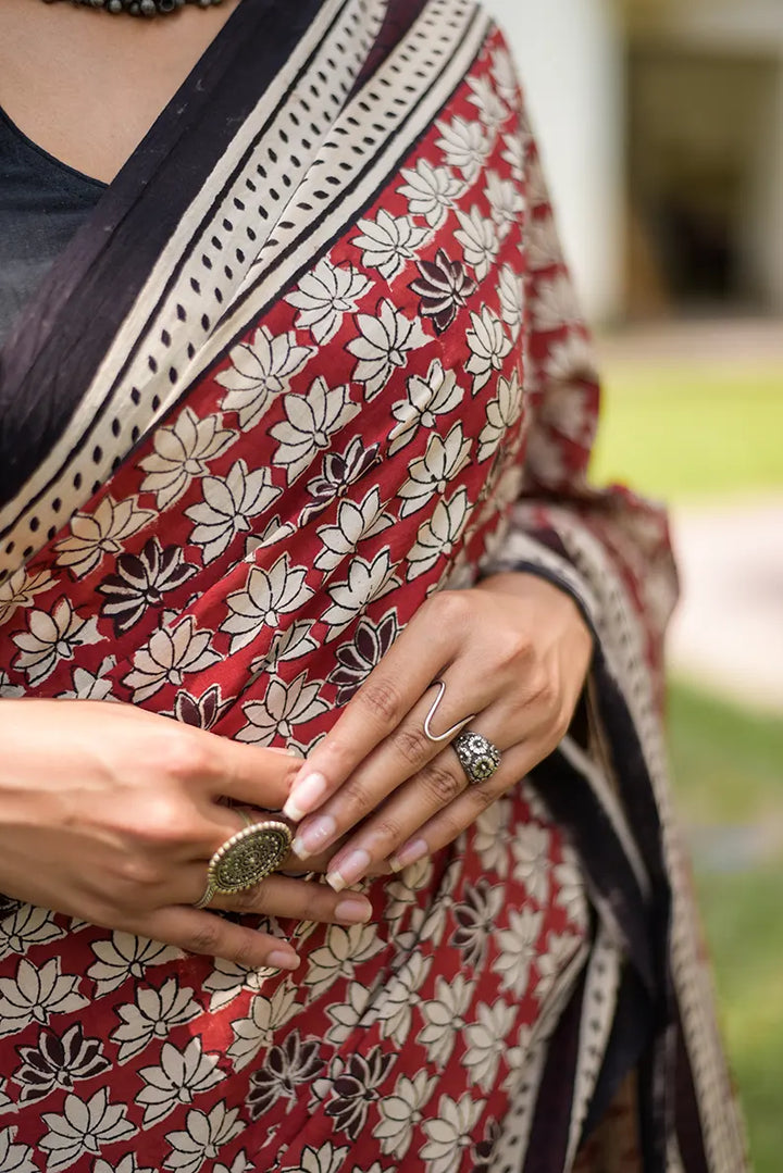 Terra Rouge - Hand Block Print Mulmul Cotton Bagru Saree