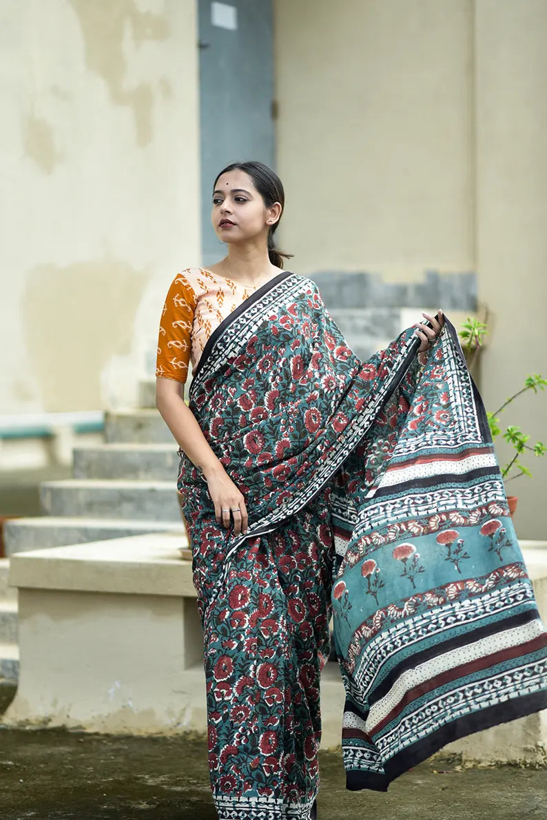 Lush Green - Hand Block Print Mulmul Cotton Bagru Saree