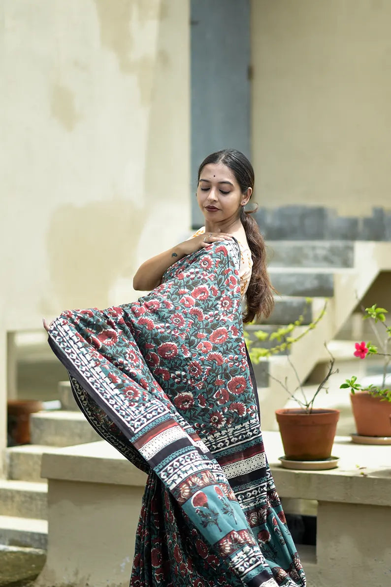 Lush Green - Hand Block Print Mulmul Cotton Bagru Saree