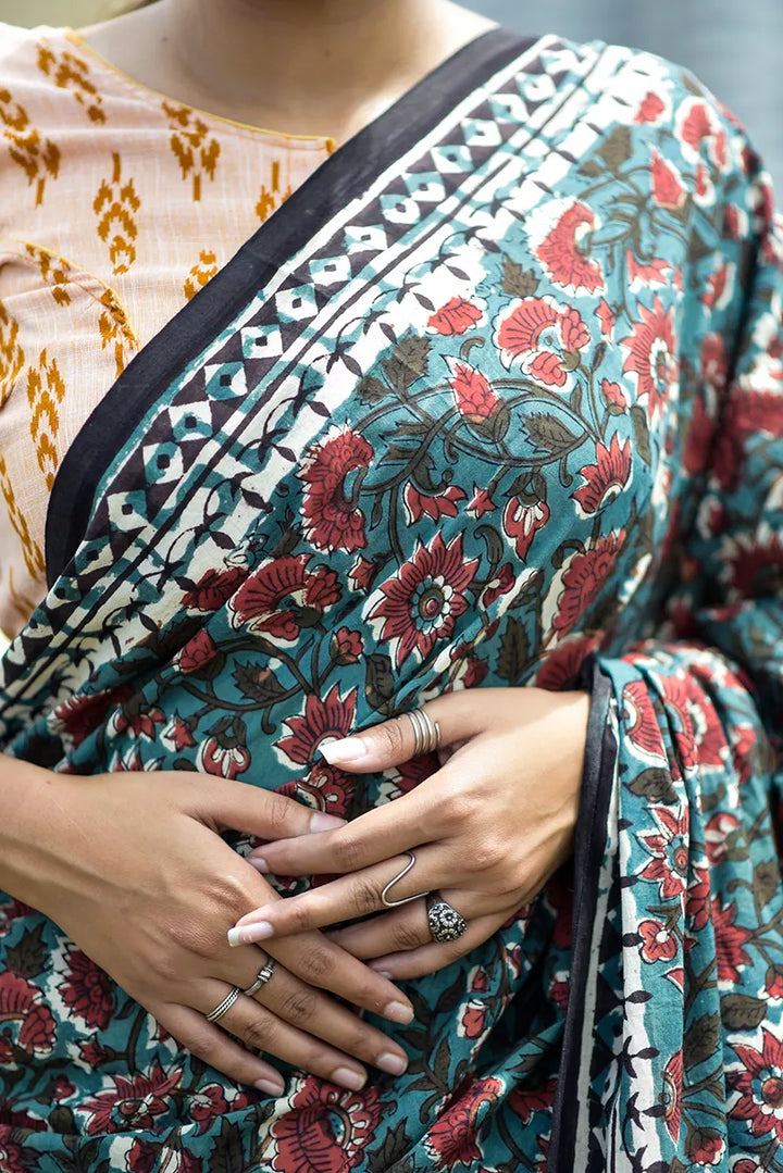 Lush Green - Hand Block Print Mulmul Cotton Bagru Saree