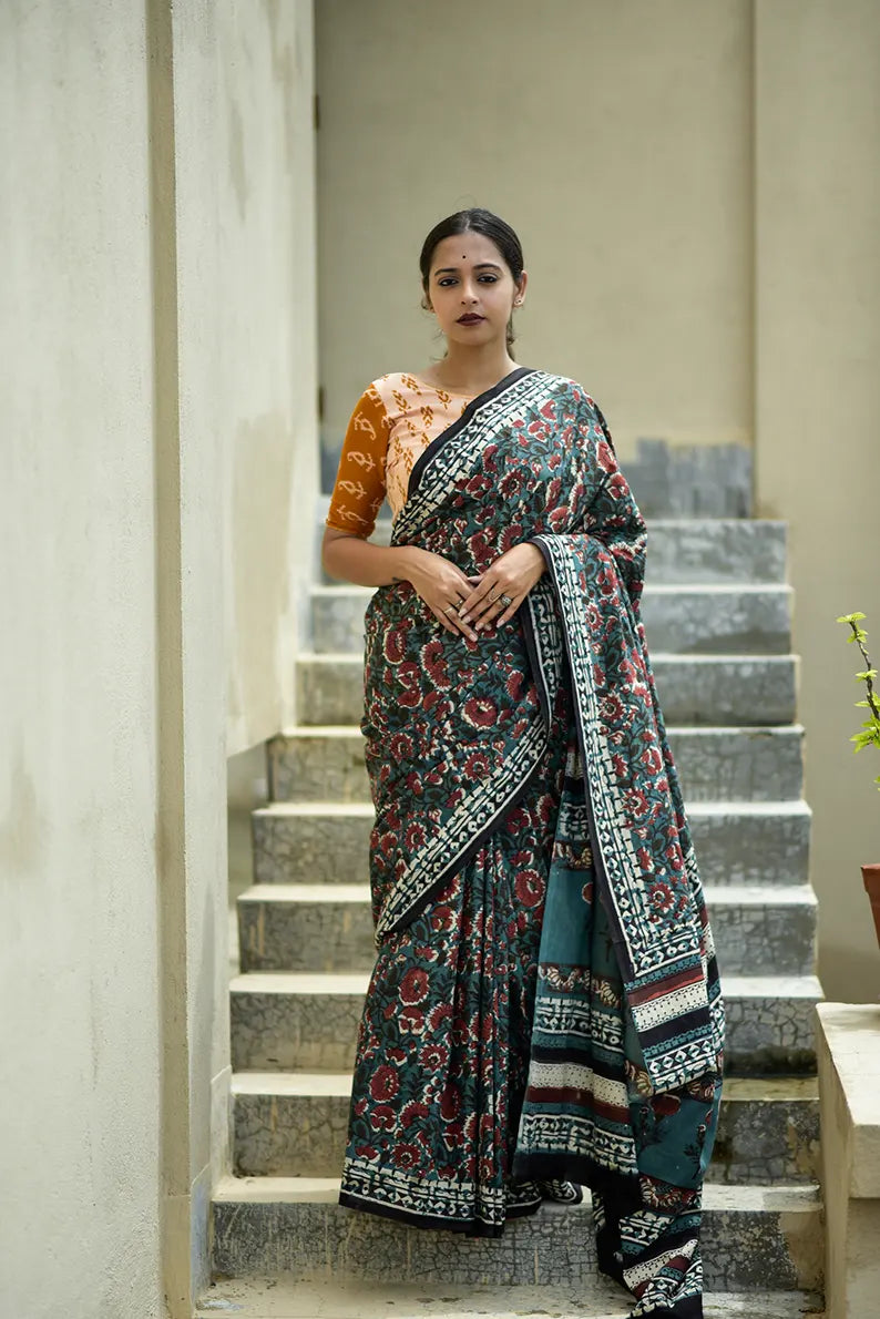 Lush Green - Hand Block Print Mulmul Cotton Bagru Saree