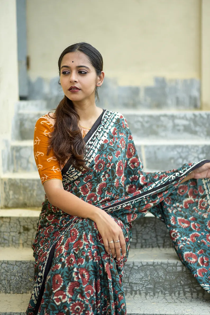 Lush Green - Hand Block Print Mulmul Cotton Bagru Saree