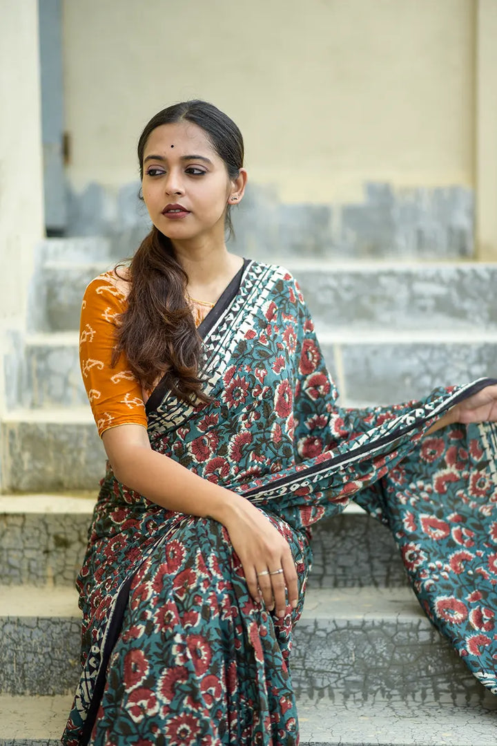 Lush Green - Hand Block Print Mulmul Cotton Bagru Saree