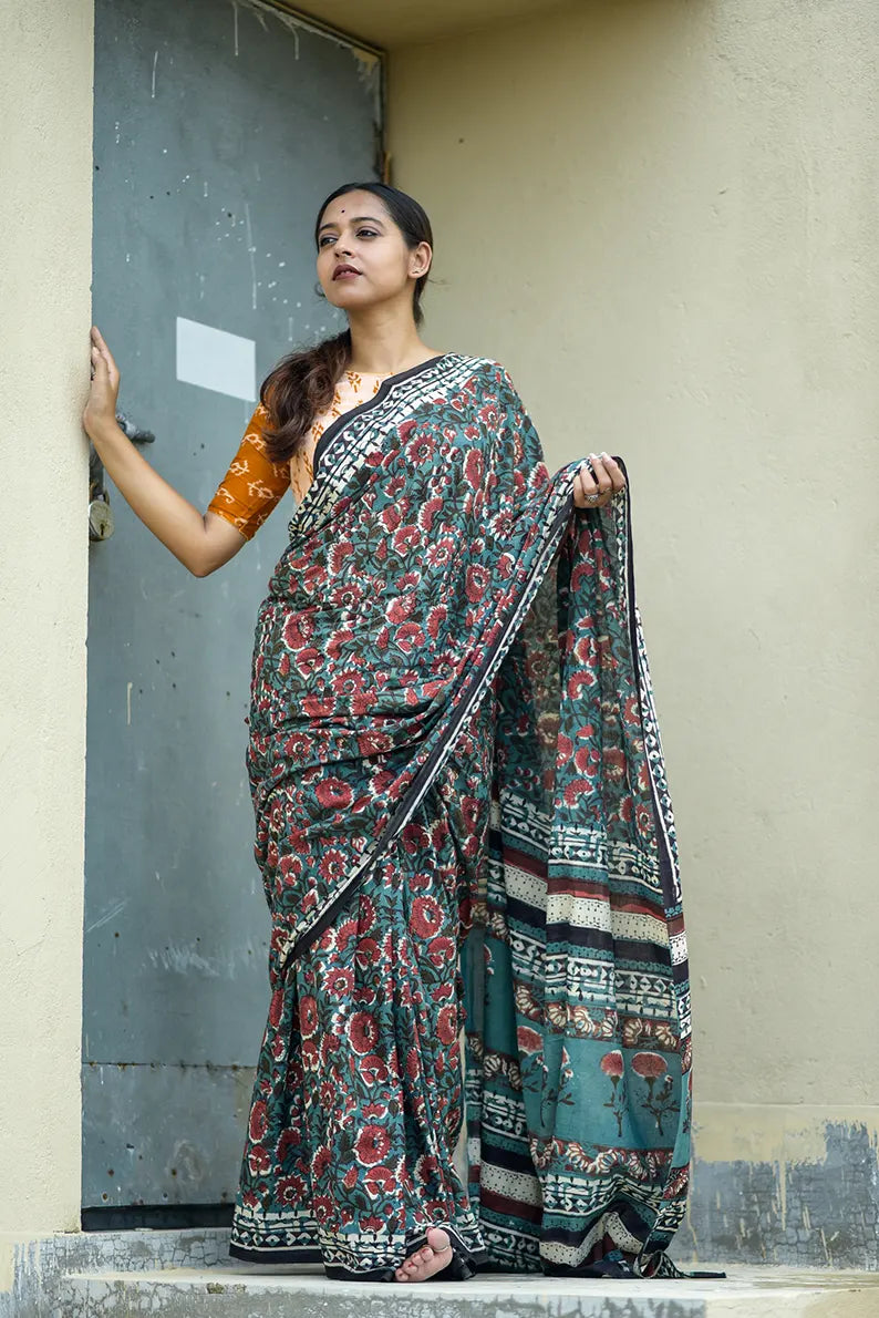 Lush Green - Hand Block Print Mulmul Cotton Bagru Saree