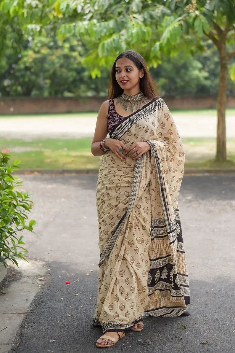 Desert Nomad - Hand Block Print Mulmul Cotton Bagru Saree