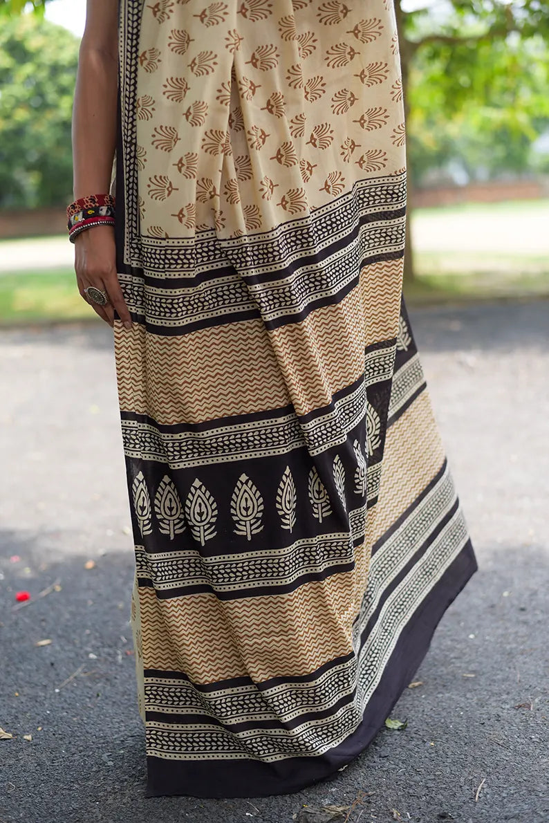 Desert Nomad - Hand Block Print Mulmul Cotton Bagru Saree