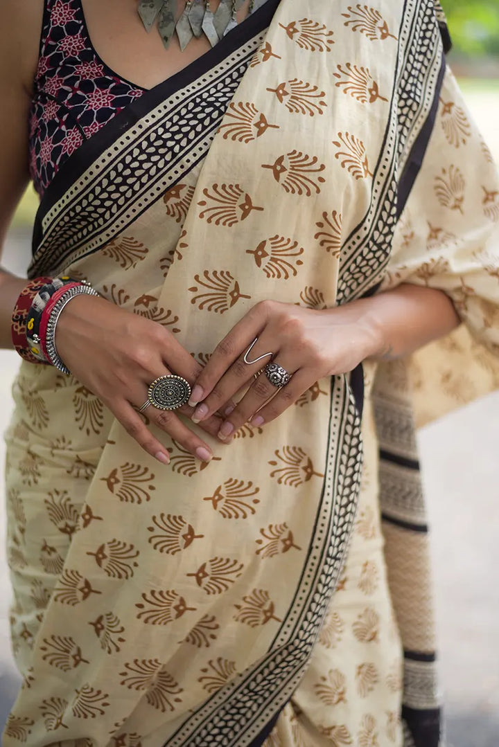 Desert Nomad - Hand Block Print Mulmul Cotton Bagru Saree