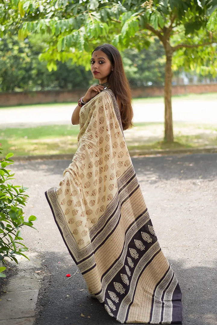 Desert Nomad - Hand Block Print Mulmul Cotton Bagru Saree