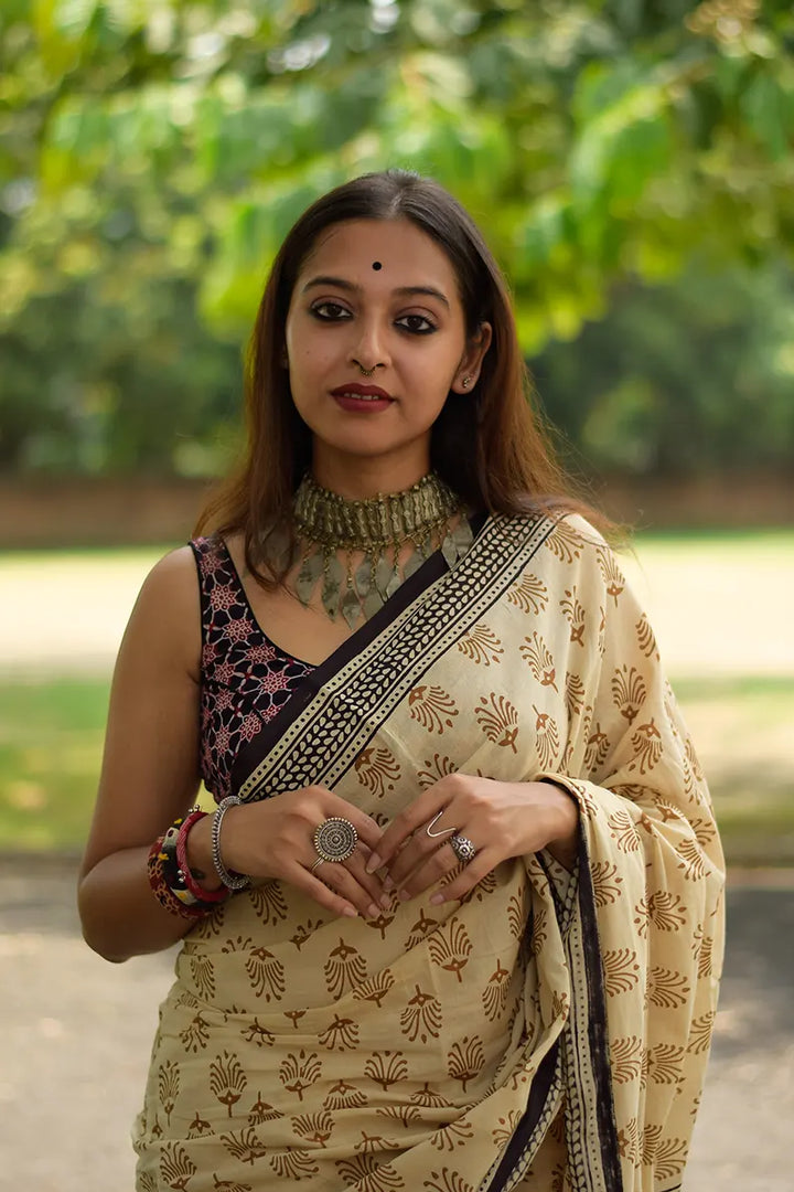 Desert Nomad - Hand Block Print Mulmul Cotton Bagru Saree