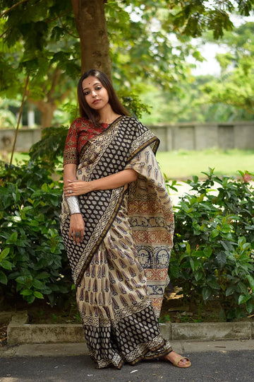 Ivory Embrace - Hand Block Print Chanderi Silk Saree