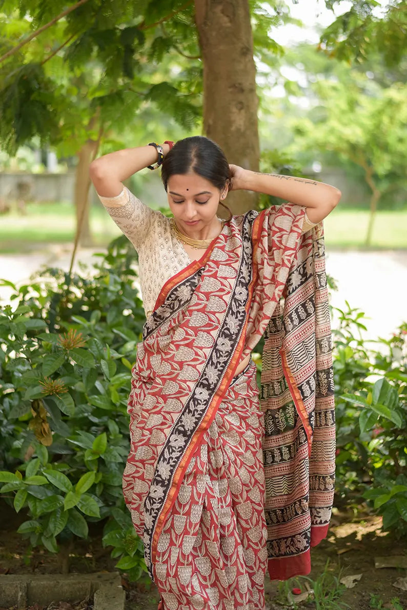 Rustic Radiance - Hand Block Print Chanderi Silk Saree