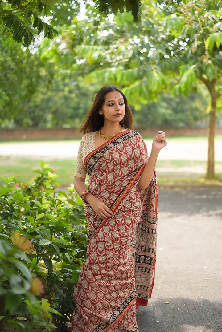 Rustic Radiance - Hand Block Print Chanderi Silk Saree