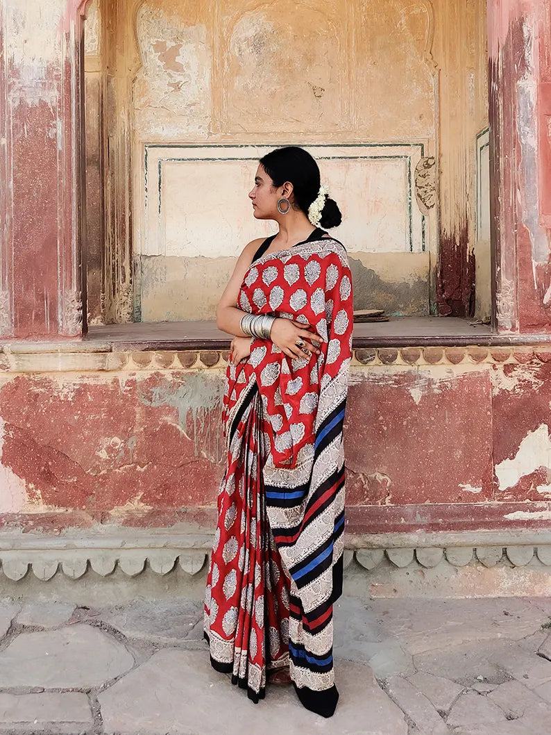 Earthy Red - Hand Block Print Mulmul Cotton Bagru Saree