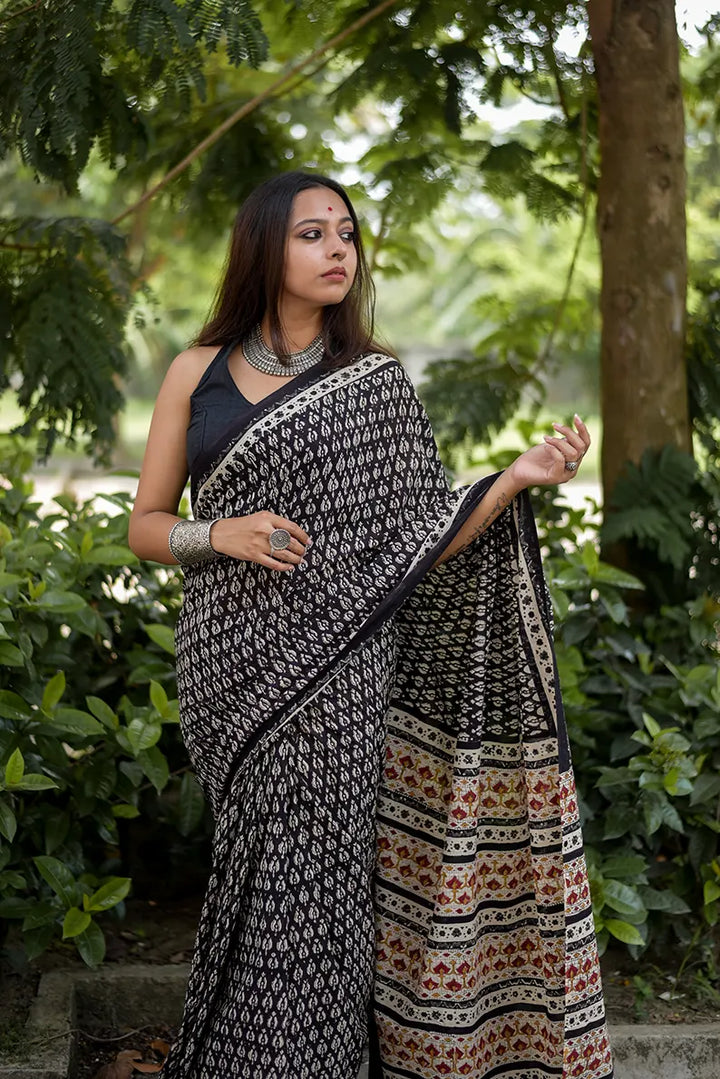 Timeless Tapestry- Hand Block Print Mulmul Cotton Bagru Saree