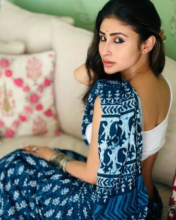 Moora Saree | Indigo Neelam | Hand Block Print Natural Dyed | Mulmul Cotton