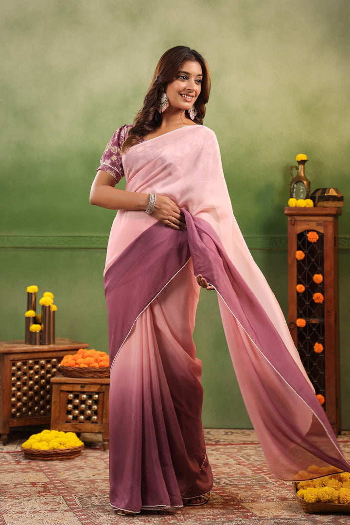 Mulberry Ombre Organza Saree with Printed Blouse Fabric