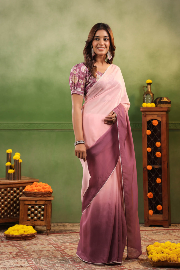 Mulberry Ombre Organza Saree with Printed Blouse Fabric