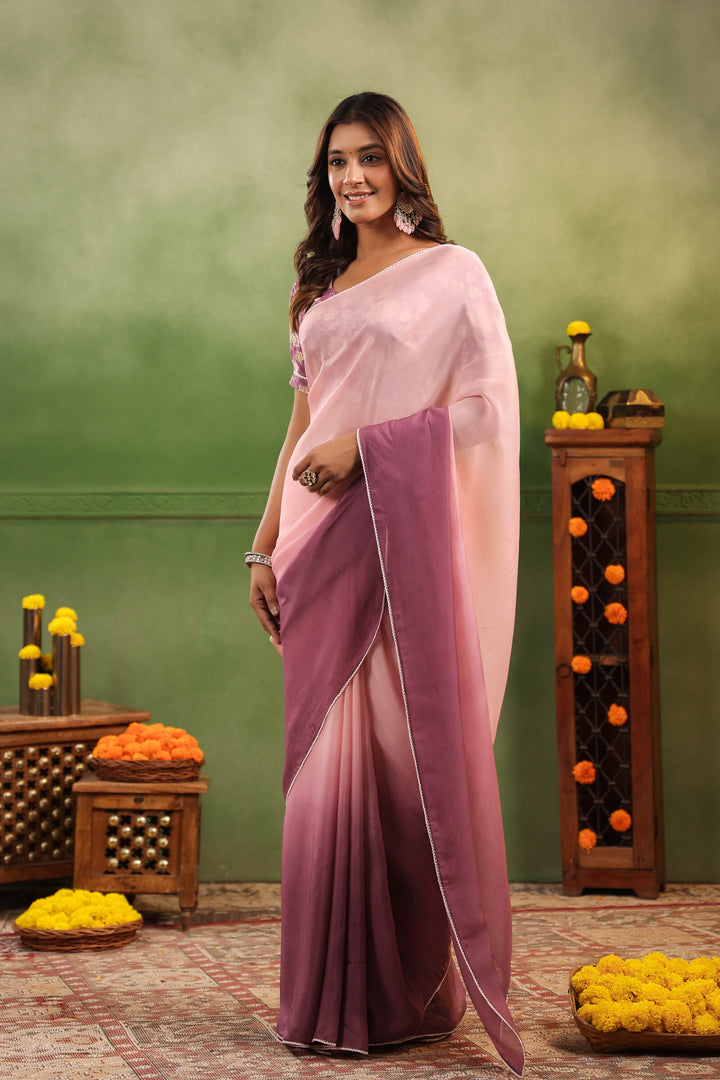 Mulberry Ombre Organza Saree with Printed Blouse Fabric