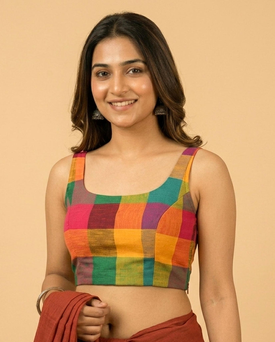 Madras Checks Sleeveless Readymade Blouse with U neck - Multicolor