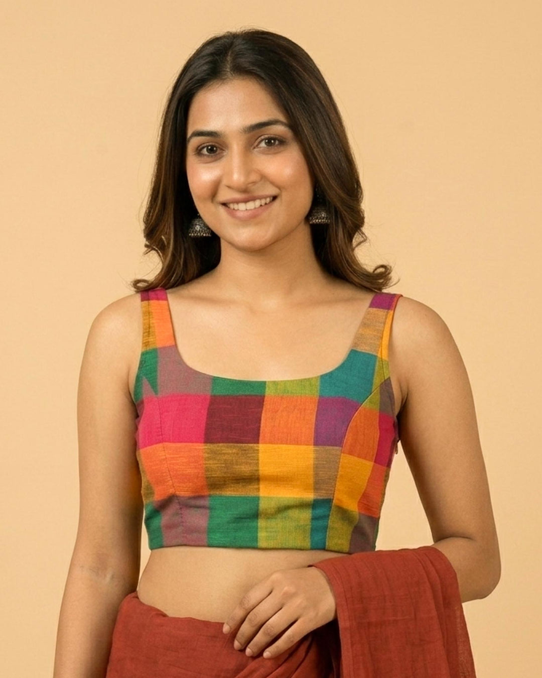 Madras Checks Sleeveless Readymade Blouse with U neck - Multicolor