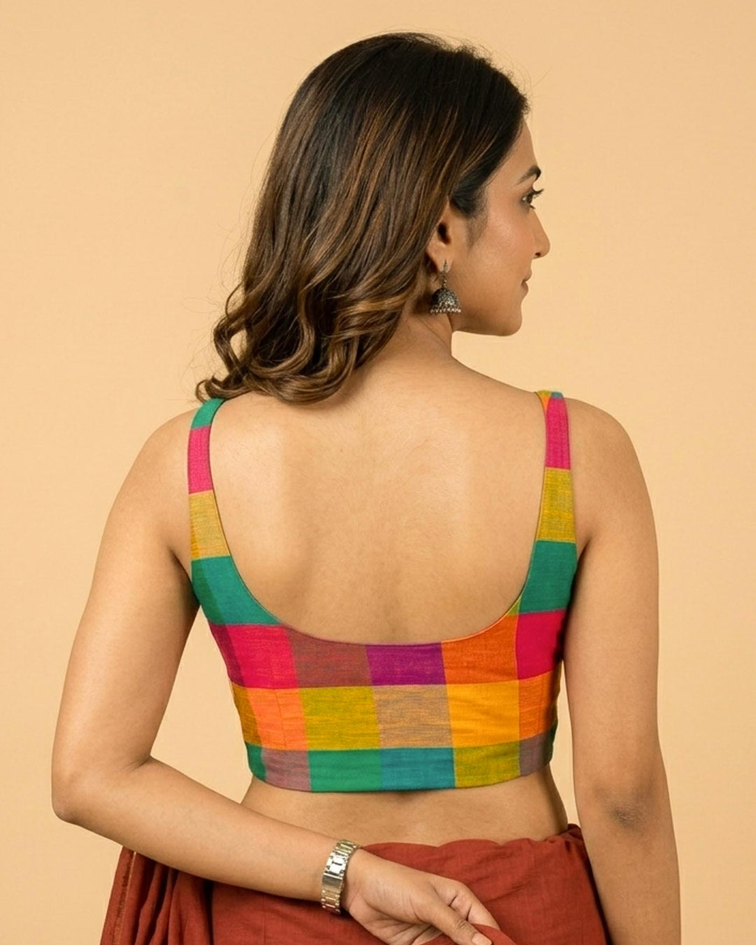 Madras Checks Sleeveless Readymade Blouse with U neck - Multicolor