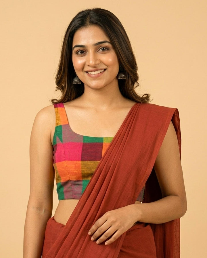 Madras Checks Sleeveless Readymade Blouse with U neck - Multicolor