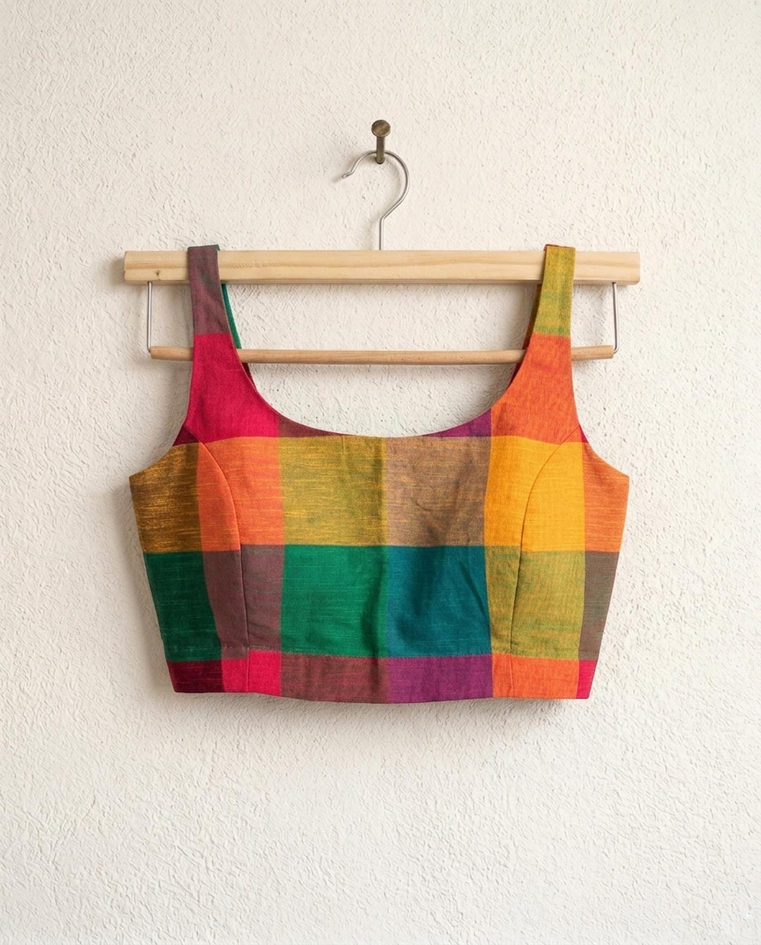 Madras Checks Sleeveless Readymade Blouse with U neck - Multicolor