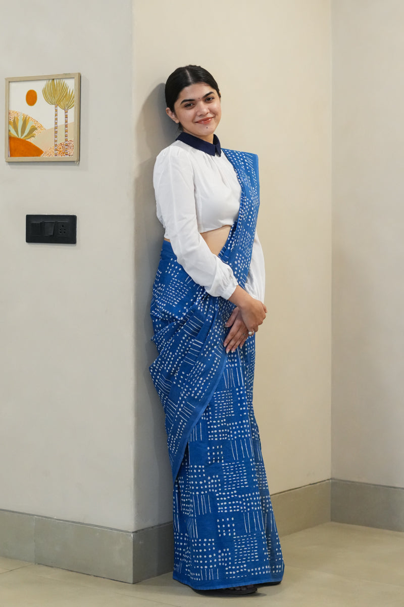 Murmurs in Blue Printed Mulmul Cotton Saree