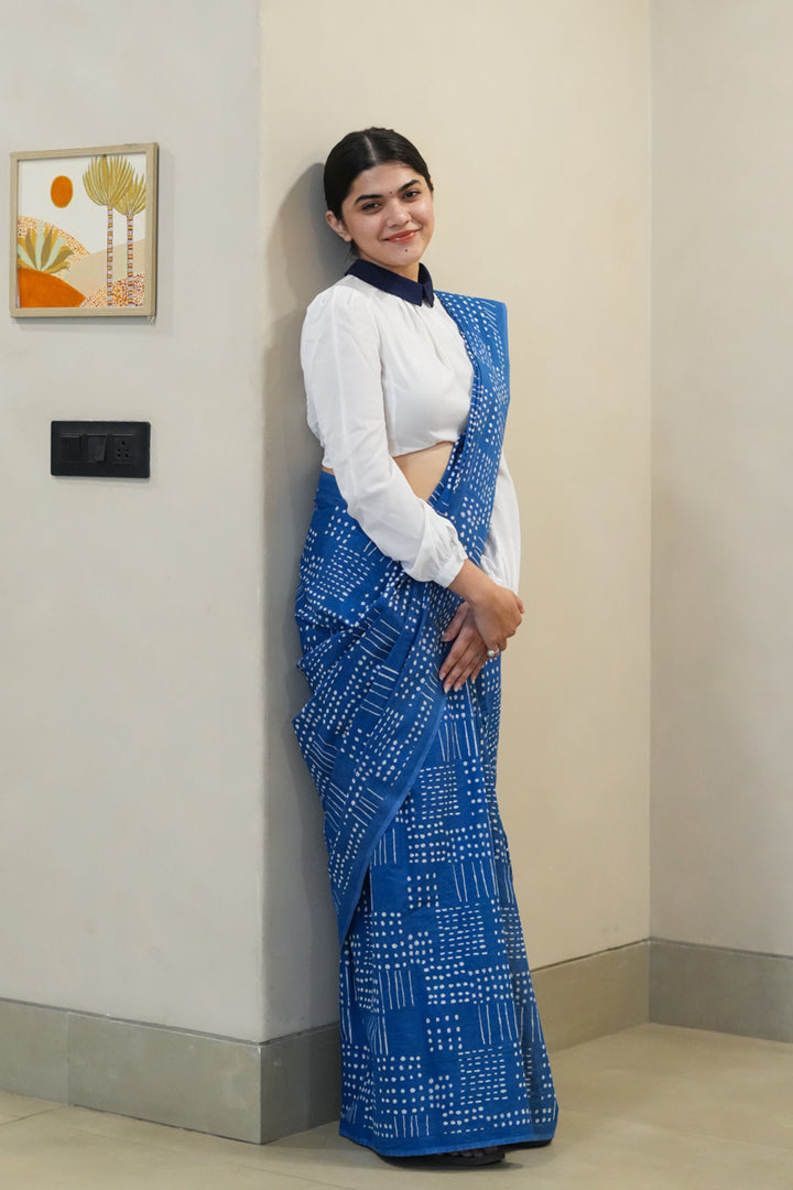 Murmurs in Blue Printed Mulmul Cotton Saree