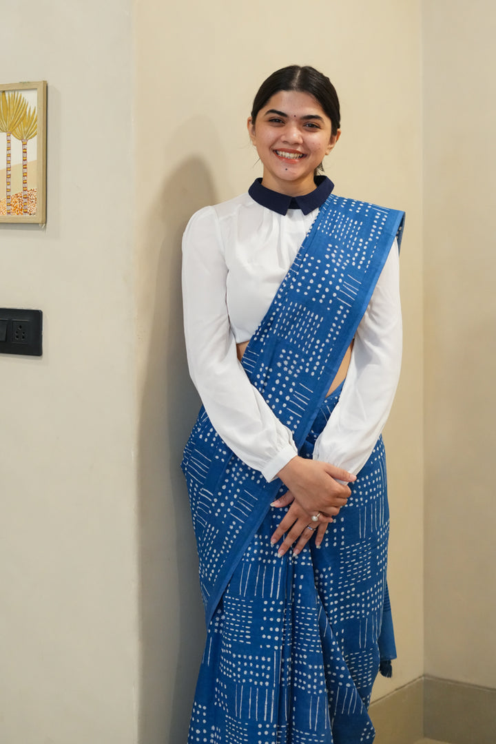 Murmurs in Blue Printed Mulmul Cotton Saree