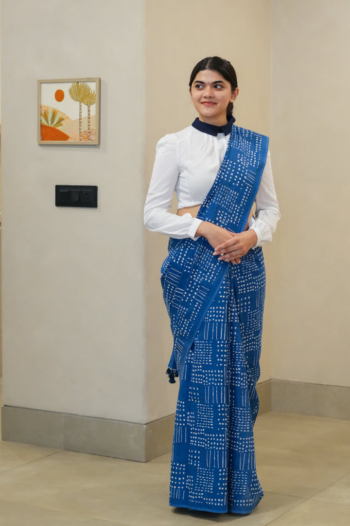 Murmurs in Blue Printed Mulmul Cotton Saree